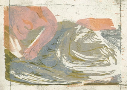 zeitgenössische Druckgrafik, Mixed Media mit Holzschnitt und Radierung. Eine figurative Darstellung mit Faltenwurf.