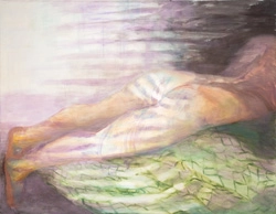 Liegende Aktmalerei, Rückenakt, mit Lichteinfall und Faltenwurf, Tempera und Öl auf Leinwand, von Sabine Schmidtpeter, Düsseldorf
