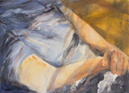 Figurative Malerei eines Torso, Hände auf den Knien gelegt. Ölmalerei auf Leinwand. Künstleraustausch in Ramin