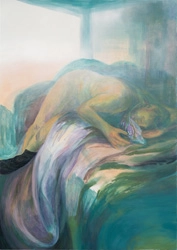 Großformatige Malerei eines schlafenden Aktes mit schwarzer Socke und Faltenwurf, Tempera und Öl auf Leinwand.