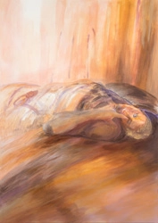 Aktmalerei auf dem Rücken Liegend, im farbigem Licht. Figurative Malerei nach Modell, Tempera und Öl auf Leinwand.