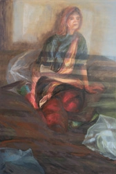 Figurative Malerei nach Modell, Frau mit Kissen.